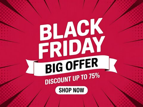 Black Friday big offer banner with seventyfive percent discount promotion tag on a red comic style background