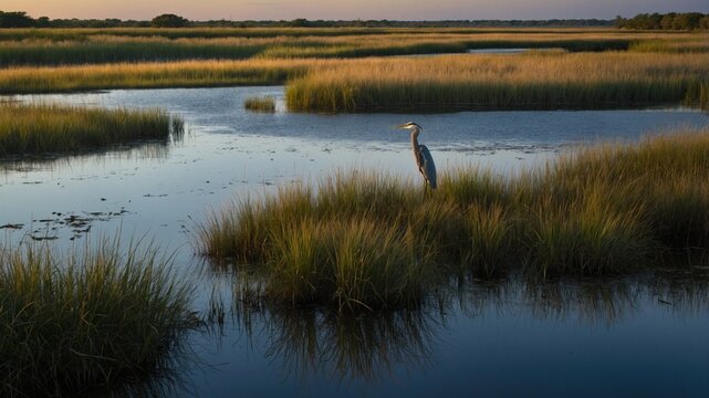 Great blue heron standing in a serene coastal marsh at sunset