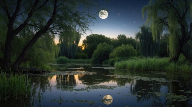 Full moon reflecting in a calm pond surrounded by willow trees