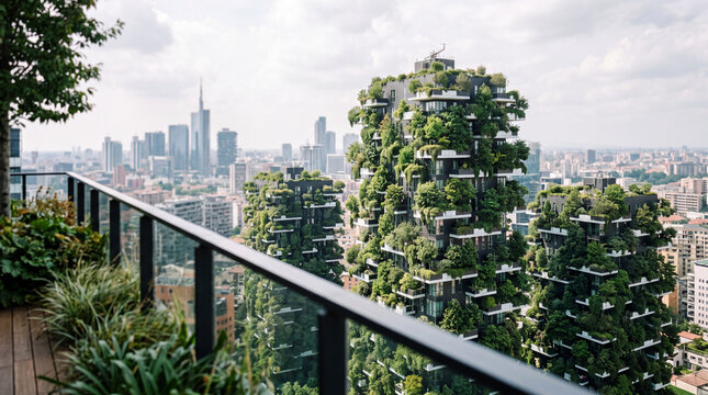 Vertical forest green buildings overlooking urban skyline from balcony with lush rooftop gardens and sustainable architecture