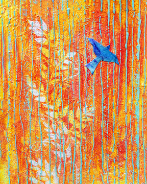flying free blue bird with wings outstretched, background of white and yellow leaves against red orange and yellow painted and textured surface with irregular vertical lines of light turquoise color