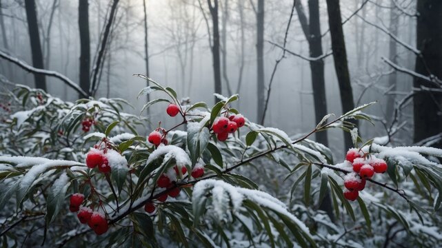 Red winter berries on snow covered branches in a misty forest