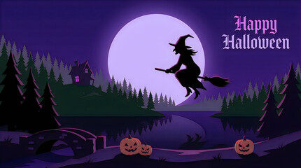 Fototapeta premium Happy Halloween greeting card, flying witch silhouette against full moon, spooky purple night landscape with pumpkins and haunted house halloween