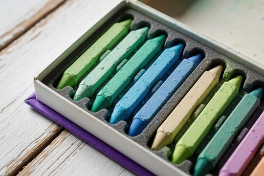 Colorful pastel crayons in open box on old wooden table. Many bright wax sticks in spectrum of colors for drawing, sketching. Artist supplies for kids, students in school hobby craft class on rustic