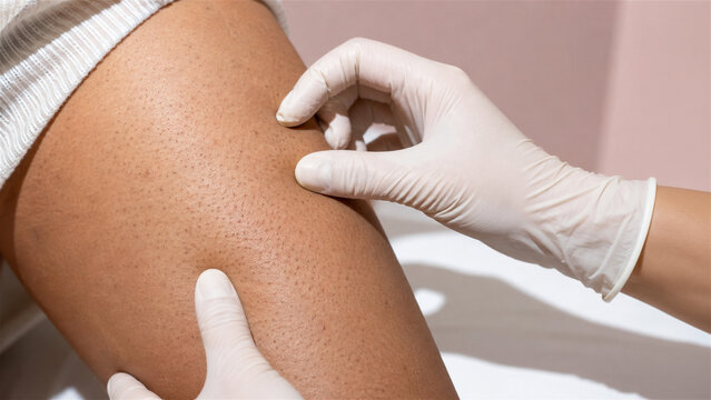 dermatologist examining skin texture and pores on a womans leg during a professional medical consultation. Dermatology, skincare, diagnosis, and clinical examination concept