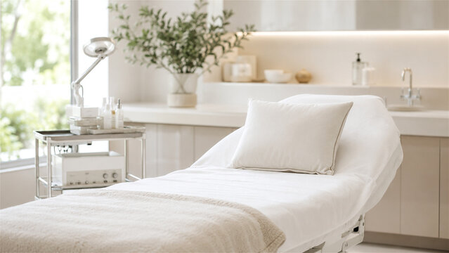 modern spa treatment room with adjustable white bed, skincare trolley, lamp, sink, and botanical decor. Clean wellness interior representing beauty care and relaxation