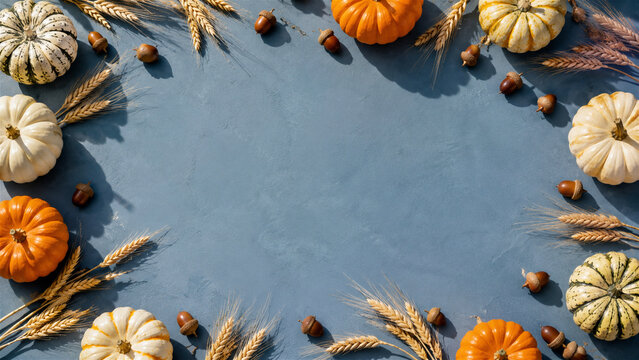 autumn pumpkin and wheat arrangement with acorns surrounding copy space. Seasonal harvest background for Thanksgiving greeting card, food banner, or fall celebration design