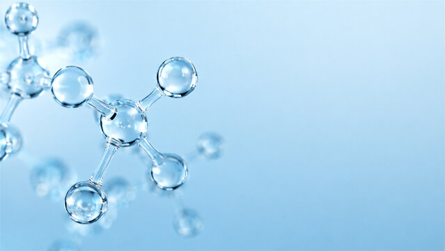 transparent molecular structure with connected spheres on a blue background. Chemistry, nanotechnology and scientific research concept with copy space for educational and medical design