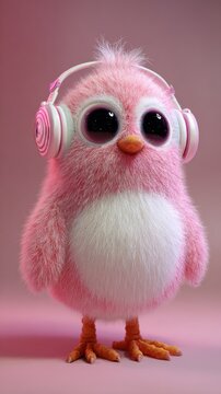A pink, fluffy bird with big eyes wearing headphones stands against a soft pink backdrop, adorable!