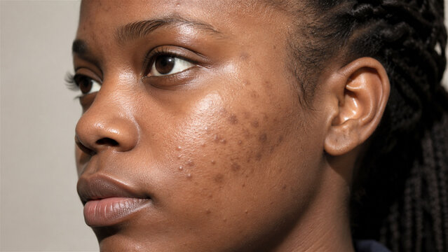 close-up portrait of an African American woman with visible acne and textured skin. Dermatology concept highlighting skincare, acne treatment, natural beauty, and skin health