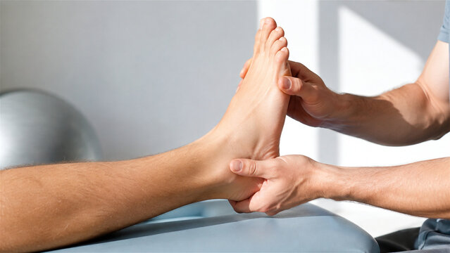 physiotherapist examining patient ankle and foot during rehabilitation session. Manual therapy, injury assessment, sports medicine, and musculoskeletal healthcare concept
