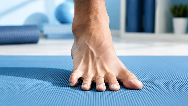 close up of a bare human foot grounded on a yoga mat during a mindful fitness practice. Wellness, balance, stretching, exercise, and healthy lifestyle concept