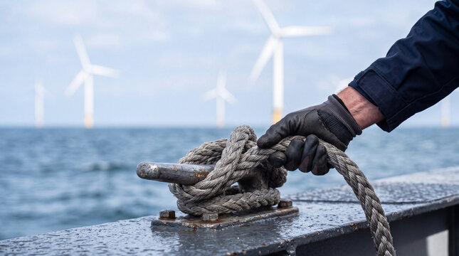 Gloved hand securing mooring rope on vessel deck at offshore wind farm