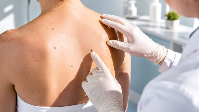 doctor examining mole on woman&rsquo;s back during dermatology skin cancer screening. Early melanoma detection, medical examination, healthcare prevention, and dermatological diagnosis concept