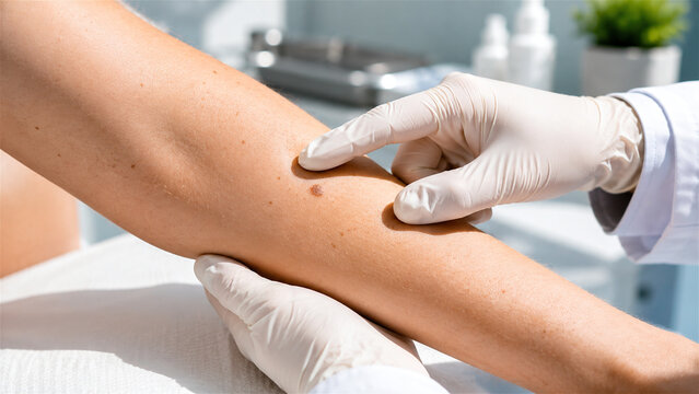 dermatologist examining a skin mole on a patient arm. Medical screening for melanoma, skin cancer prevention, dermatology diagnosis, and healthcare examination concept