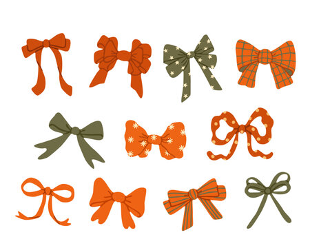 Flat vector illustration of decorative Christmas bows and ribbons in red and green, featuring striped, plaid, star, floral and polka dot patterns, isolated on white.