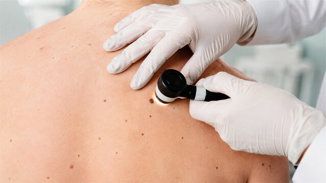 dermatologist examining a mole with a dermatoscope on a patients back. Skin cancer screening and early melanoma detection in a clinical healthcare setting