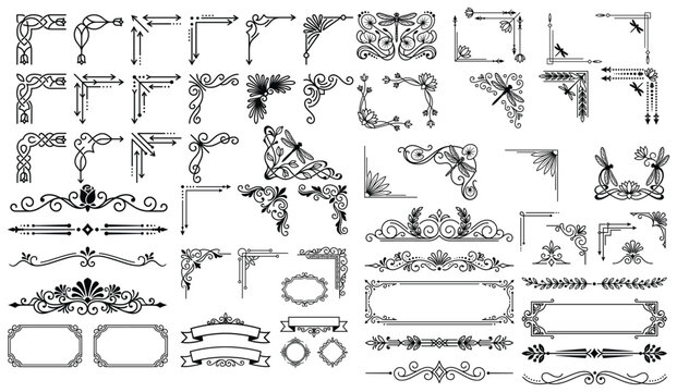 Black and white ornate corner and border designs for elegant invitations and graphic design.