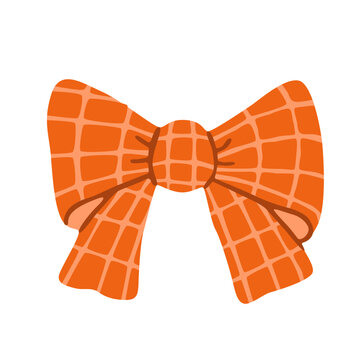 Flat vector illustration of an orange plaid bow with long ribbon tails and a central knot, featuring a warm checkered pattern, isolated on a white background.
