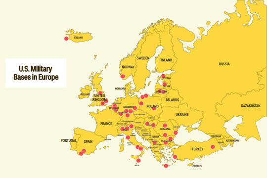 US Military Bases in Europe. Vector Map of American Army Military Bases in Europe.
