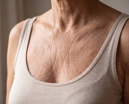 Mature woman chest and neck with wrinkles and sun damaged aging skin