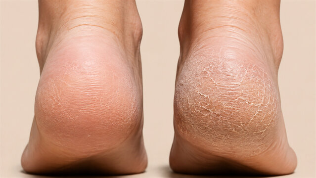 close-up comparison of healthy and severely dry cracked heels. Foot care, skin condition, dermatology, treatment and moisturizing concept for medical education