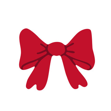 Flat vector illustration of a red decorative bow with wide loops, long ribbon tails and a central knot, isolated on a white background for gift wrapping and holiday designs.