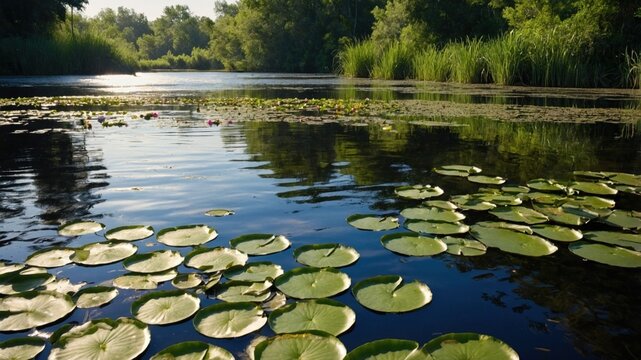 Water lily pads floating on a calm lake surface at golden hour