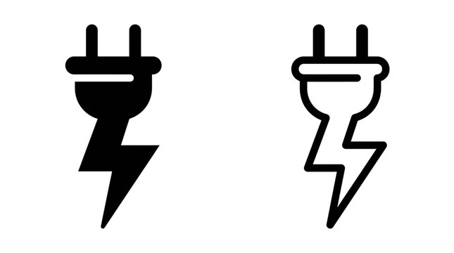 Electric plug icon with lightning bolt symbol in black and white styles