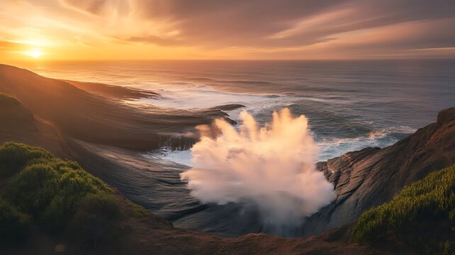 Dramatic sunset over a rugged coastline with a powerful ocean wave crashing against dark volcanic rocks, creating a misty spray in golden light