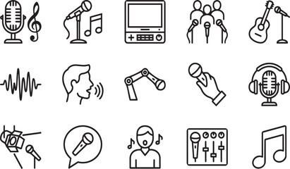 Fototapeta premium Music and microphone instrument icons set with vocal performance and audio gear graphics.