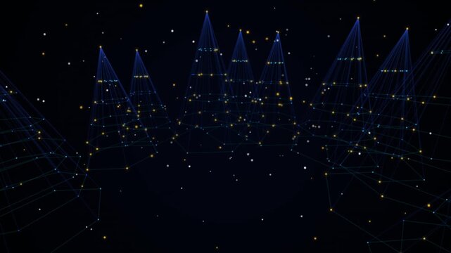 Abstract digital forest network: glowing geometric pine trees with floating data particles and cyberpunk tech background