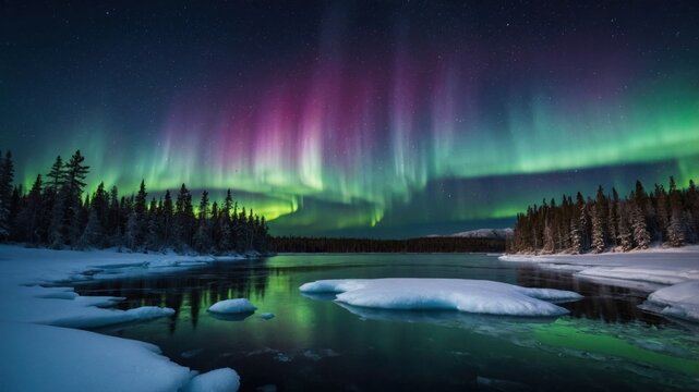 Vibrant aurora borealis shimmering over a frozen winter lake