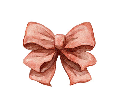 Watercolor vintage red Christmas bow for gifts made of fabric, ribbon isolated on white background. Watercolor and pencil hand drawn illustration sketch