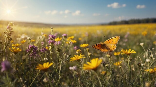 Orange butterfly resting on yellow wildflowers in a sunny meadow