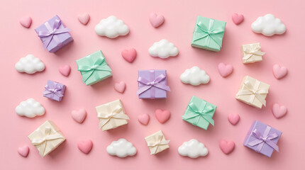 Fototapeta premium Flat lay composition with pastel gift boxes and clouds on a pink background.