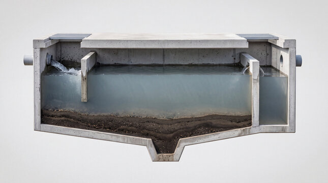 Cutaway view of concrete stormwater separator showing sediment layers and water flow