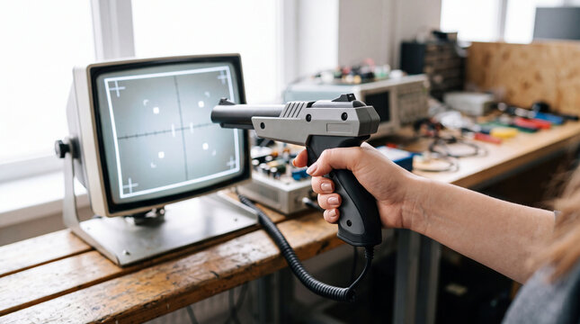 Retro light gun and CRT monitor in workshop: vintage gaming controller tested on screen