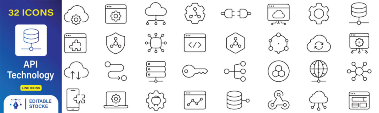 32 API Technology Vector Outline Icons Set &ndash; Cloud API, Database, Integration, Developer, Server and Web Service Line Symbols Collection
