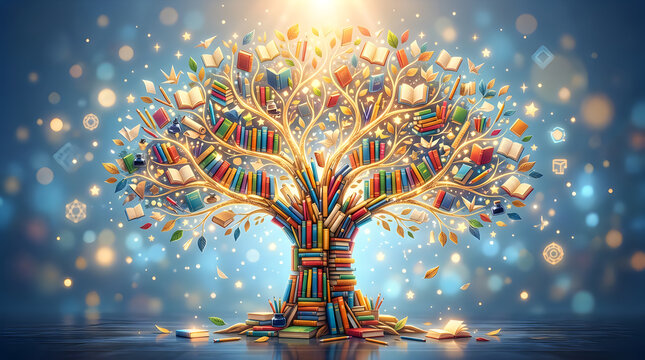Tree made of colorful books and pencils illustration