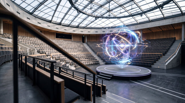 Futuristic holographic display on circular stage in modern glass-domed auditorium