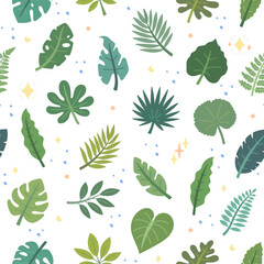 Naklejka premium Tropical leaf seamless pattern set featuring palm fern monstera moons stars sparkles dots foliage fronds branches stems plants botanical repeat