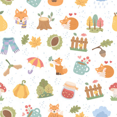 Naklejka premium Autumn seamless pattern set featuring fox pumpkin scarf umbrella chestnut mug branch fence pear jar jam cloud rain mushroom bush