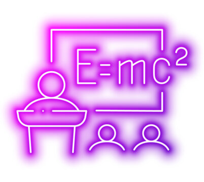 Teacher explaining physics equation to students in classroom icon. Neon glowing effect icon