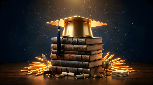 Graduation cap on stack of old books with quills
