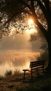 Tranquil morning bench beside a misty lake bathed in golden sunlight