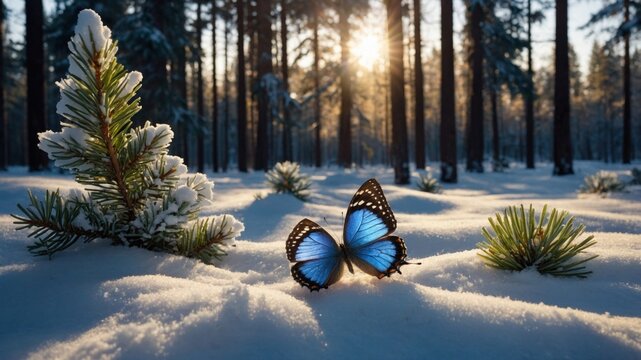 Blue butterfly resting on fresh white snow in a sunny winter forest