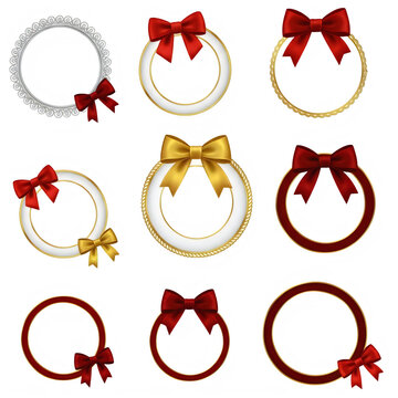 Set of colorful christmas wreaths with red and gold ribbons and bows