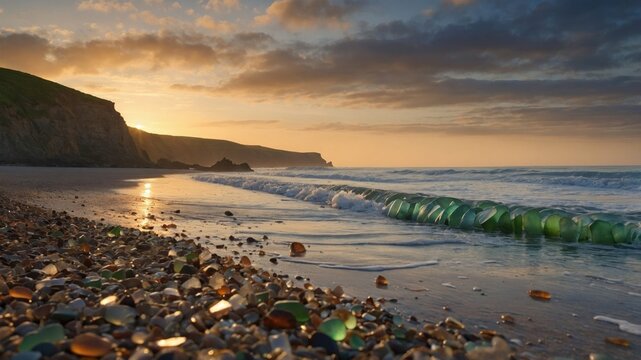 Sea glass glowing on a coastal beach during golden sunset