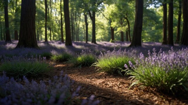 Purple flowers blooming in a sunny forest with tall trees